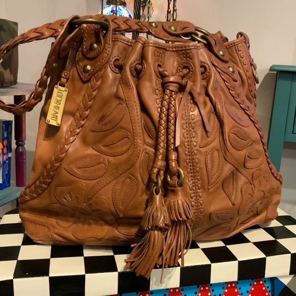 Rare LOCKHEART Braidy Bunch Bag Floral Embroidered Leather Camel Boho Vintage - Picture 2 of 8